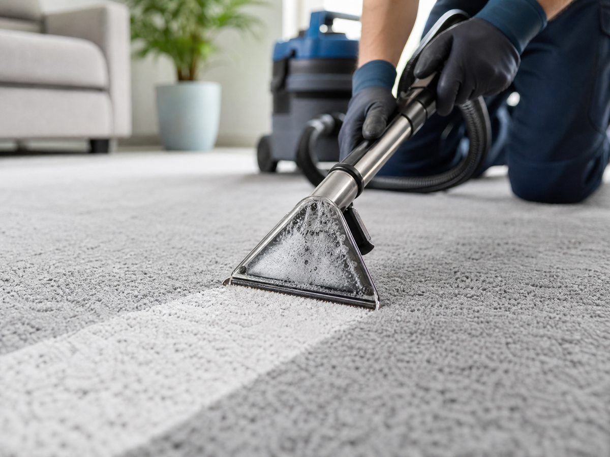 Carpet steam cleaning in progress