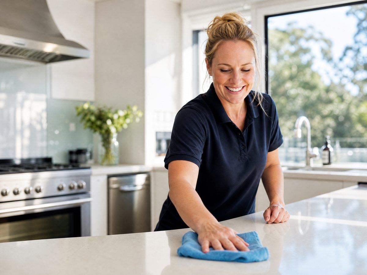 Friendly professional cleaner wiping a kitchen benchtop