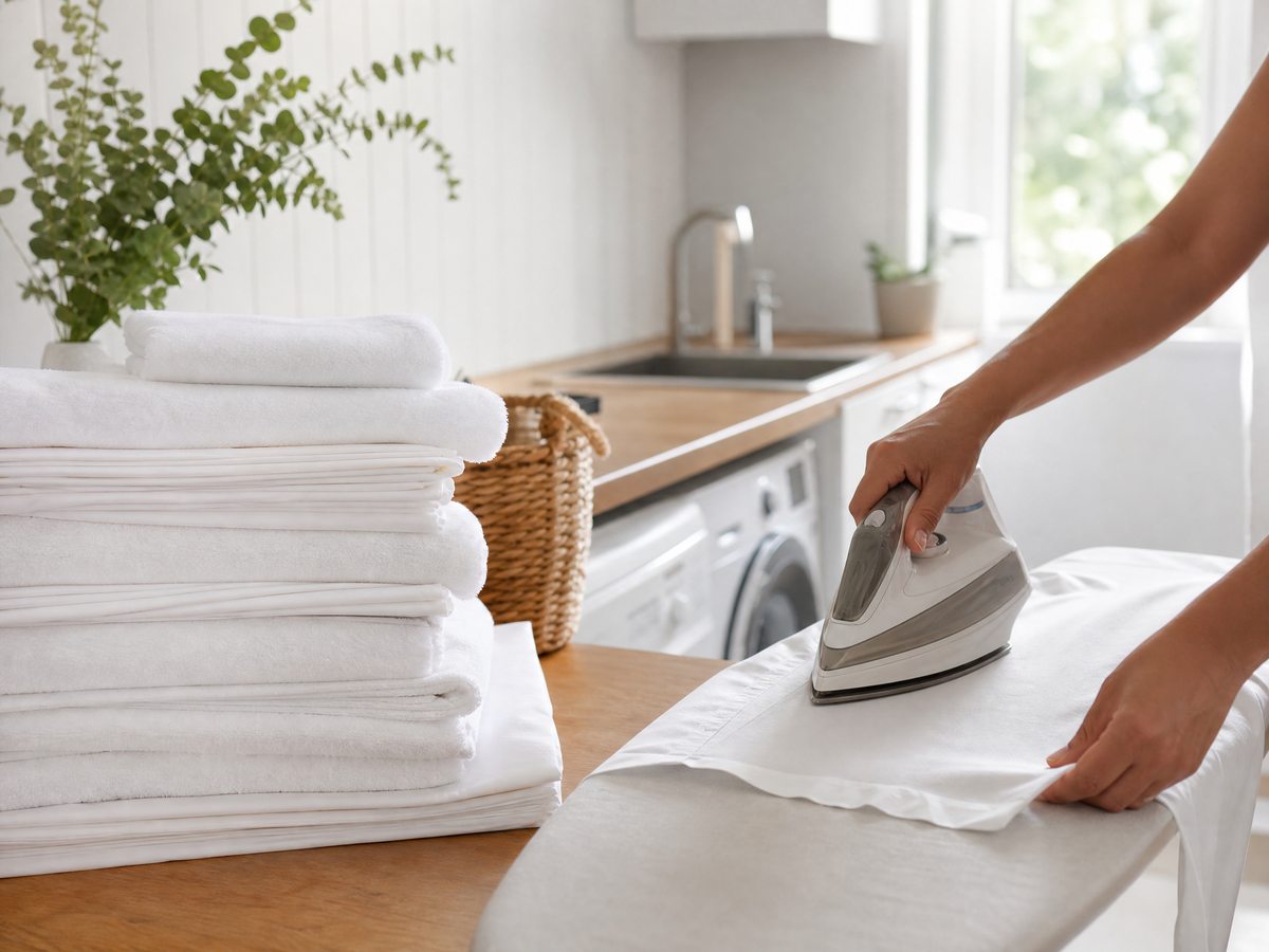 Freshly folded linen and ironing in a bright laundry