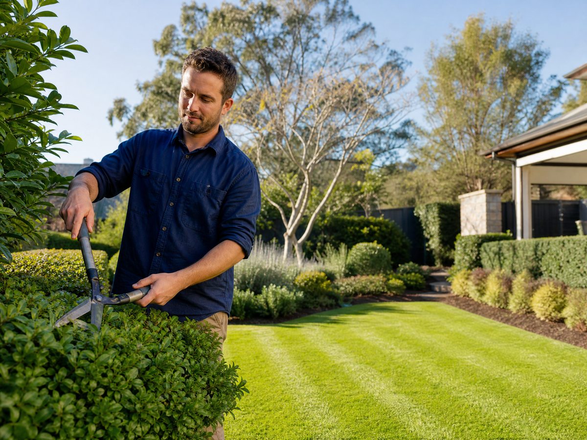 Gardener trimming a hedge in a sunny Sydney backyard