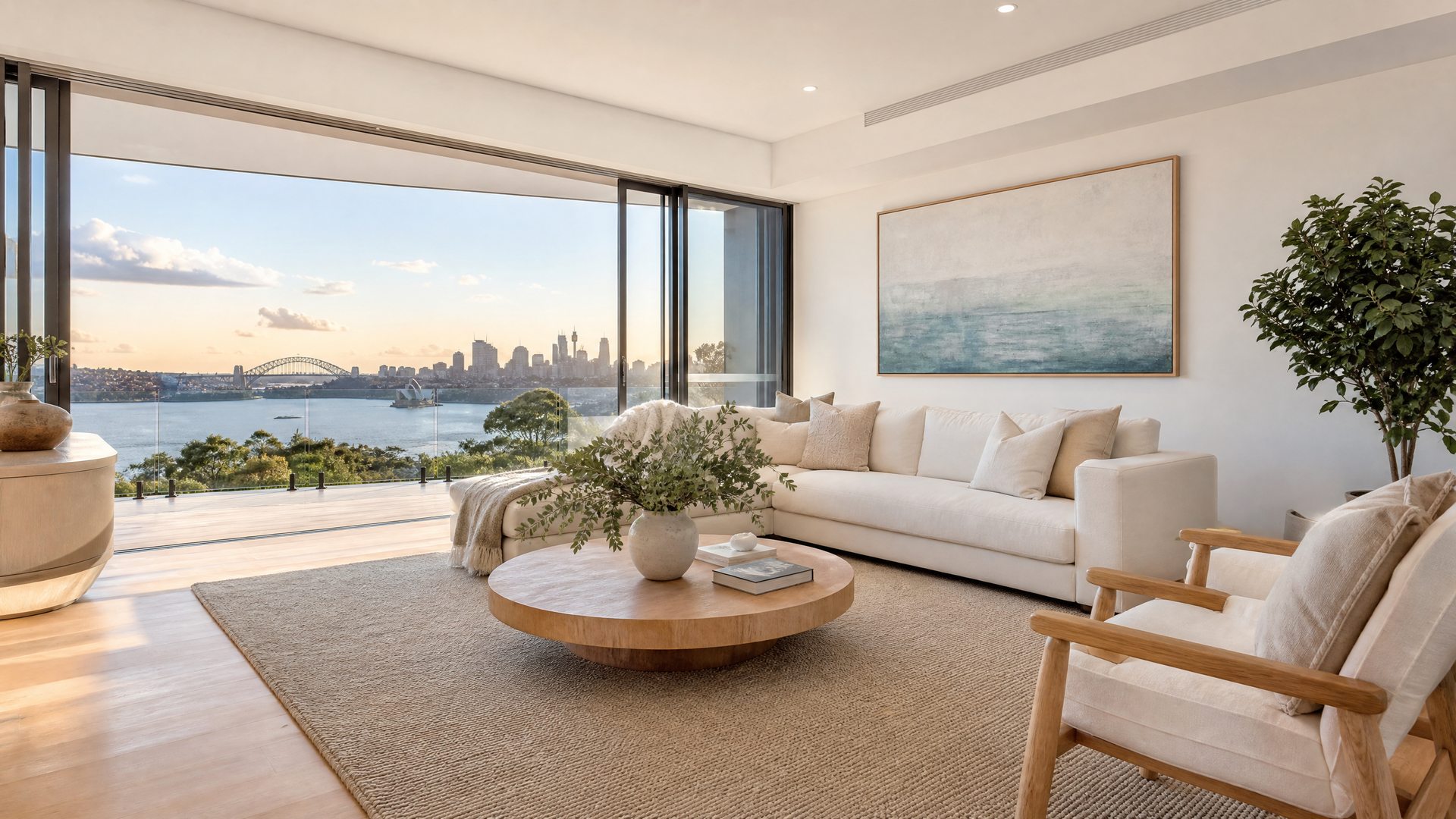 Bright, freshly cleaned Sydney living room with harbour views