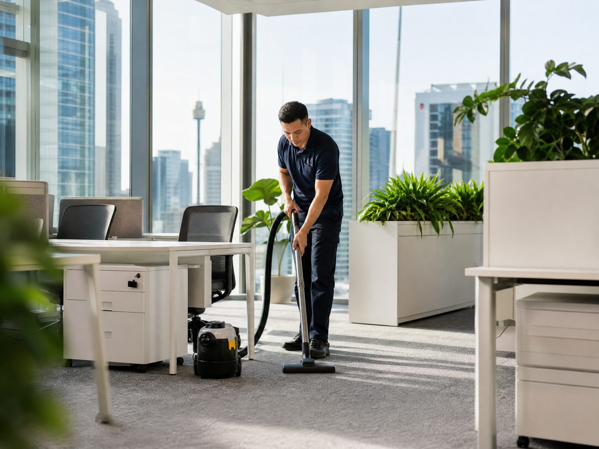 Cleaner vacuuming a modern Sydney office