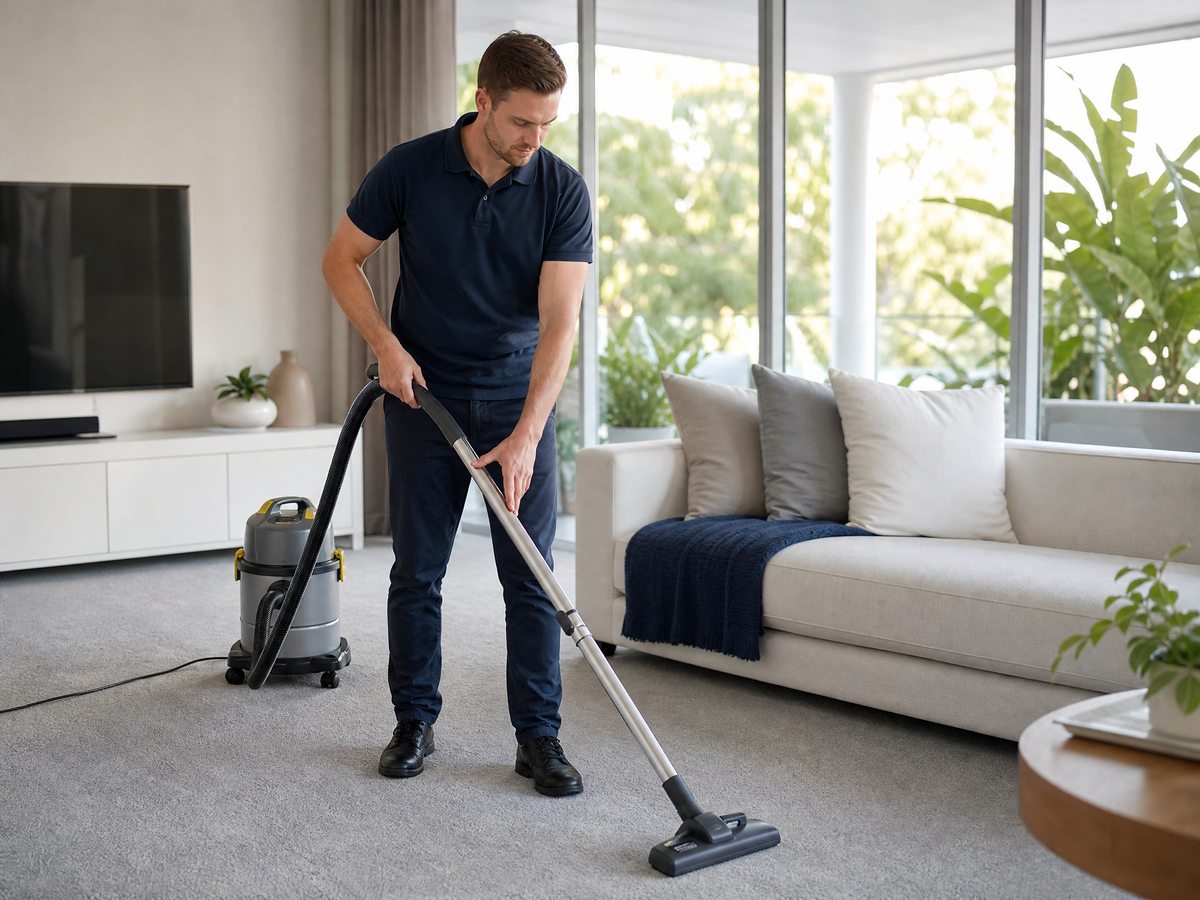 Professional cleaner vacuuming a bright modern living room